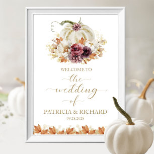 Póster Letrero de bienvenida de boda de calabaza blanca d