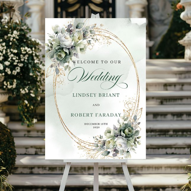 Póster Letrero de Bienvenida de Boda de Eucalipto Moderno (Modern Eucalyptus Wedding Welcome Sign Gold)