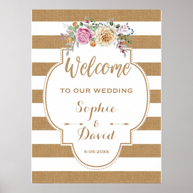 Póster Letrero de bienvenida de boda de flores rústicas d (Frente)