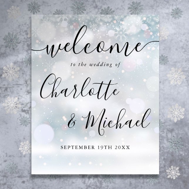 Póster Letrero de bienvenida de boda de guión de nieve de (Winter Snow Signature Script Wedding Welcome Sign)