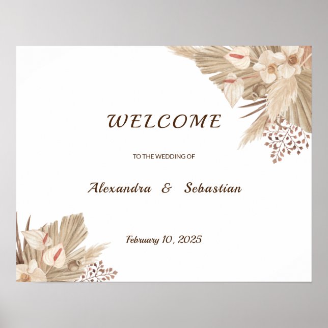 Póster Letrero de bienvenida de boda de hierba floral Pam (Frente)