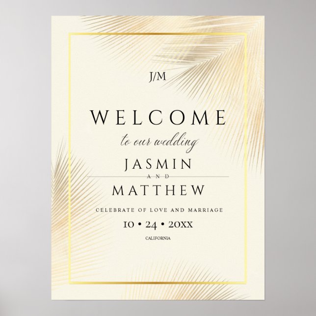 Póster Letrero de bienvenida de boda de hojas de palma tr (Frente)