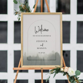 Póster Letrero de bienvenida de boda de montañas boscosas