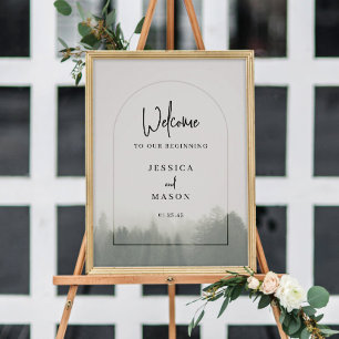 Póster Letrero de bienvenida de boda de montañas boscosas