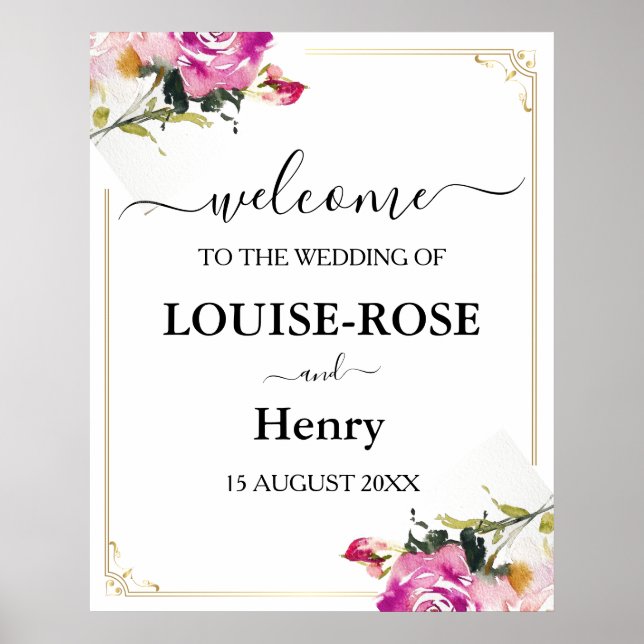 Póster Letrero de Bienvenida de Boda - Diseño Rosa Dorado (Frente)