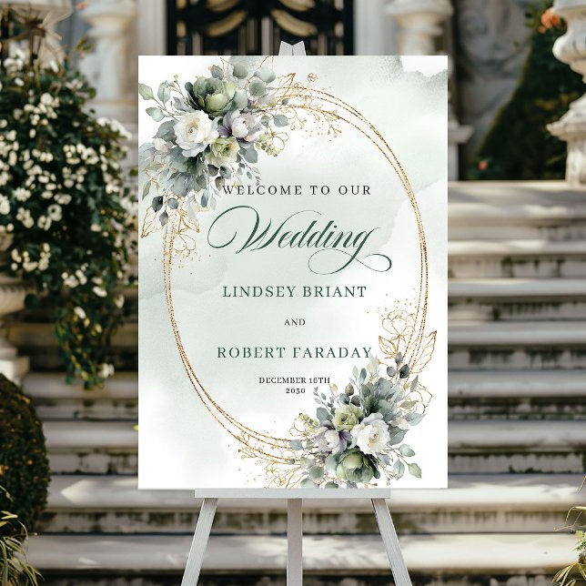 Póster Letrero de bienvenida de boda dorado botánico chic (Chic Botanical Gold Wedding Welcome Sign)