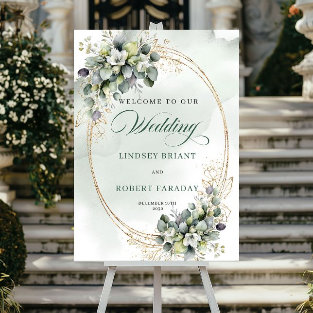 Póster Letrero de bienvenida de boda dorado de eucalipto  (Chic Eucalyptus Gold Welcome Wedding Sign)