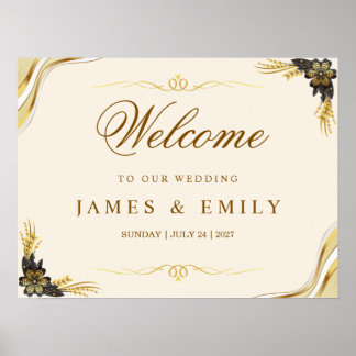 Póster Letrero de bienvenida de boda elegante negro y dor