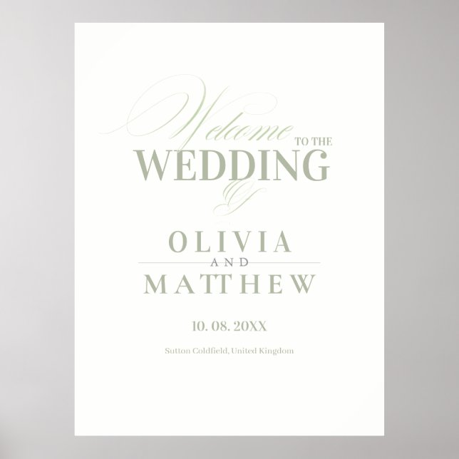 Póster Letrero de bienvenida de boda elegante verde salvi (Frente)