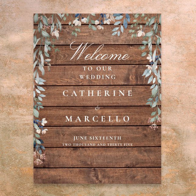 Póster Letrero de bienvenida de boda en cascada floral de (Rustic Wood Floral Cascade Wedding Welcome Sign)