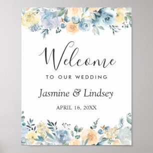 Póster Letrero de bienvenida de boda floral azul bohemio