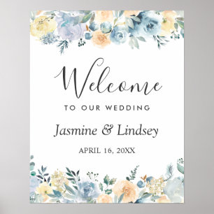 Póster Letrero de bienvenida de boda floral azul bohemio