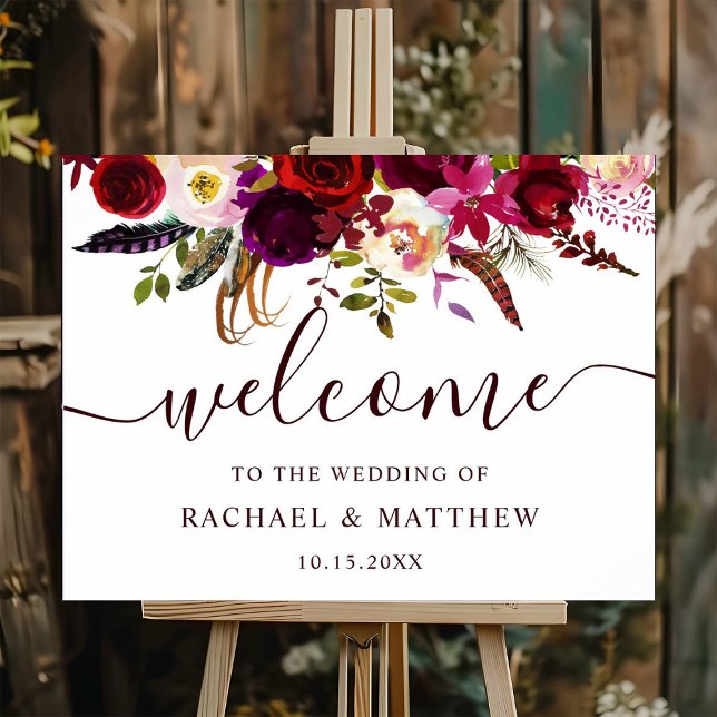 Póster Letrero de bienvenida de boda floral Boho Burgundy (Subido por el creador)