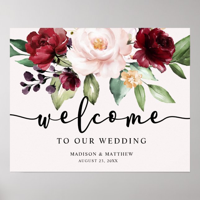 Póster Letrero de bienvenida de boda floral burdeos rubor (Frente)