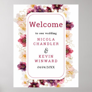 Póster Letrero de bienvenida de boda floral burgundy de H