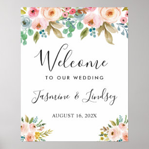 Póster Letrero de bienvenida de boda floral con acuarela 