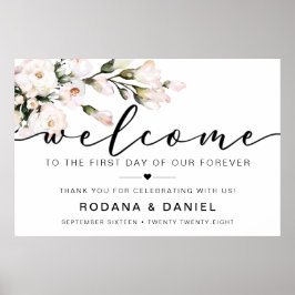 Póster Letrero de bienvenida de boda floral con caligrafí