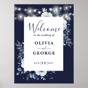 Póster Letrero de bienvenida de boda floral con luces de 