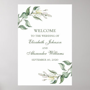 Póster Letrero de bienvenida de boda floral con verde acu