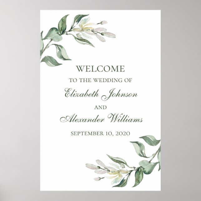 Póster Letrero de bienvenida de boda floral con verde acu (Frente)
