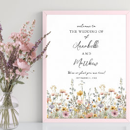 Póster Letrero de Bienvenida de Boda Floral de Flor Silve