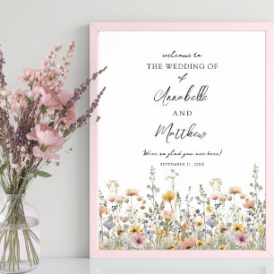Póster Letrero de Bienvenida de Boda Floral de Flor Silve