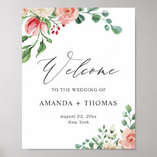 Póster Letrero de bienvenida de boda floral de rosa acuar