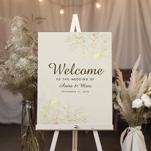 Póster Letrero de Bienvenida de Boda Floral Dorado Vintag