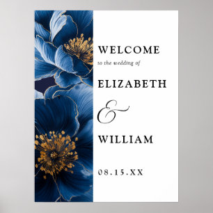 Póster Letrero de bienvenida de boda floral elegante azul