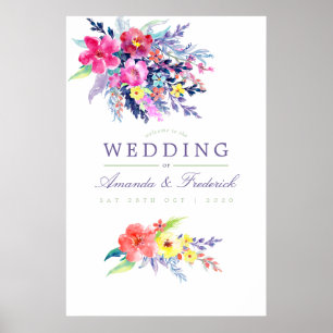 Póster Letrero de bienvenida de boda floral en acuarela c