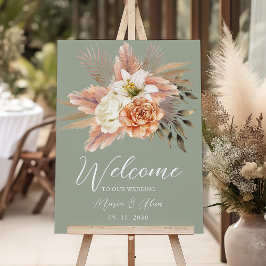 Póster Letrero de Bienvenida de Boda Floral Melocotón Ver