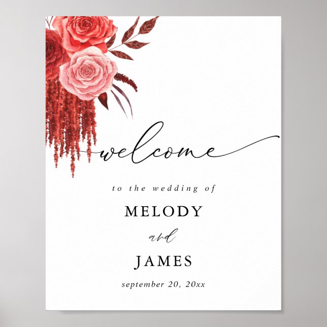Póster Letrero de bienvenida de boda floral rojo (Frente)