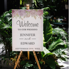 Póster Letrero de bienvenida de boda floral rosa