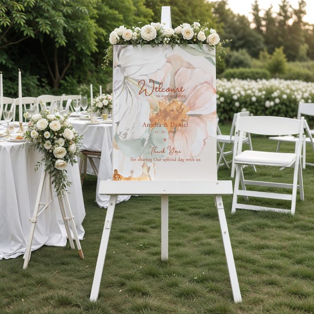 Póster Letrero de Bienvenida de Boda | Floral Rosa Claro  (Wedding Welcome Sign | Blush Peach Floral )