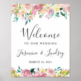 Póster Letrero de Bienvenida de Boda Floral Rosado
