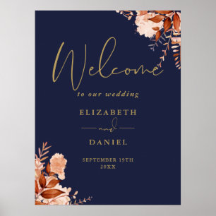 Póster Letrero de bienvenida de boda floral rústico azul 