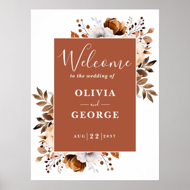 Póster Letrero de bienvenida de boda floral rústico de te (Frente)