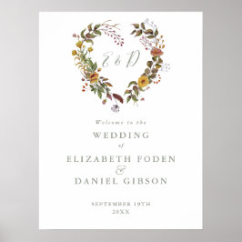 Póster Letrero de bienvenida de boda floral rústico verde