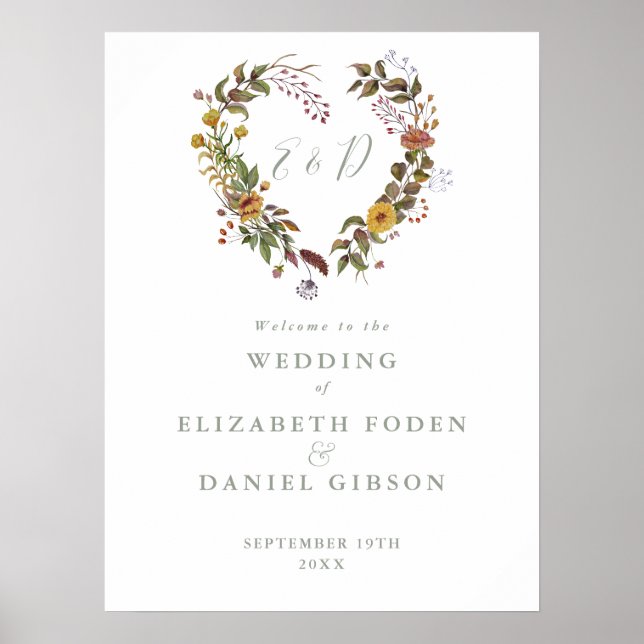 Póster Letrero de bienvenida de boda floral rústico verde (Frente)