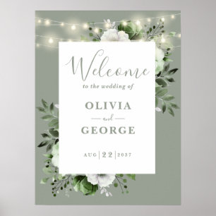 Póster Letrero de bienvenida de boda floral rústico verde