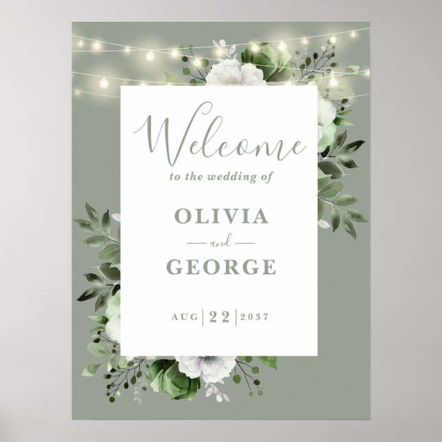 Póster Letrero de bienvenida de boda floral rústico verde (Frente)