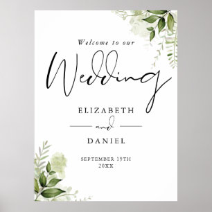 Póster Letrero de bienvenida de boda floral verde