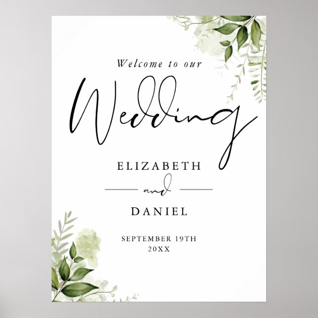 Póster Letrero de bienvenida de boda floral verde (Frente)