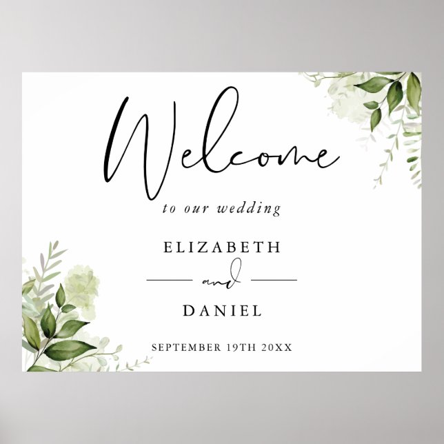 Póster Letrero de bienvenida de boda floral verde (Frente)