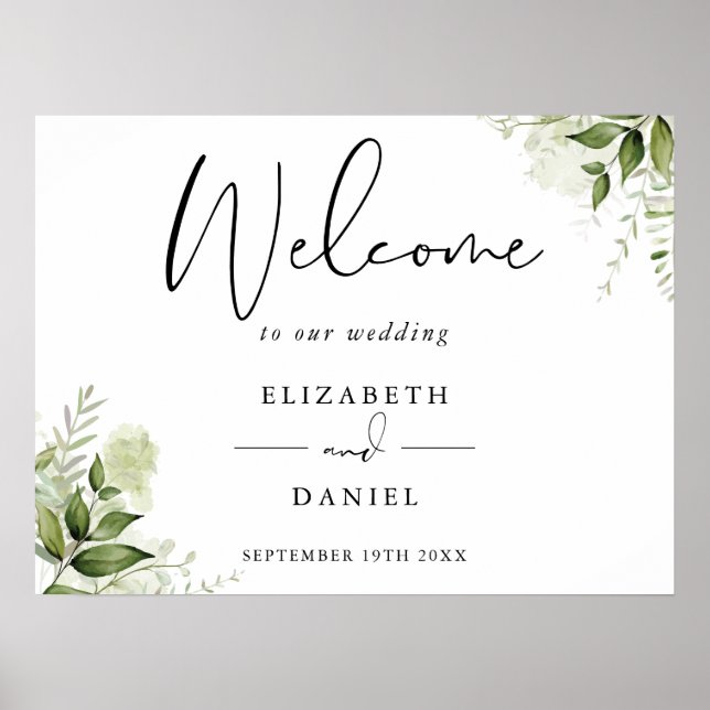 Póster Letrero de bienvenida de boda floral verde (Frente)