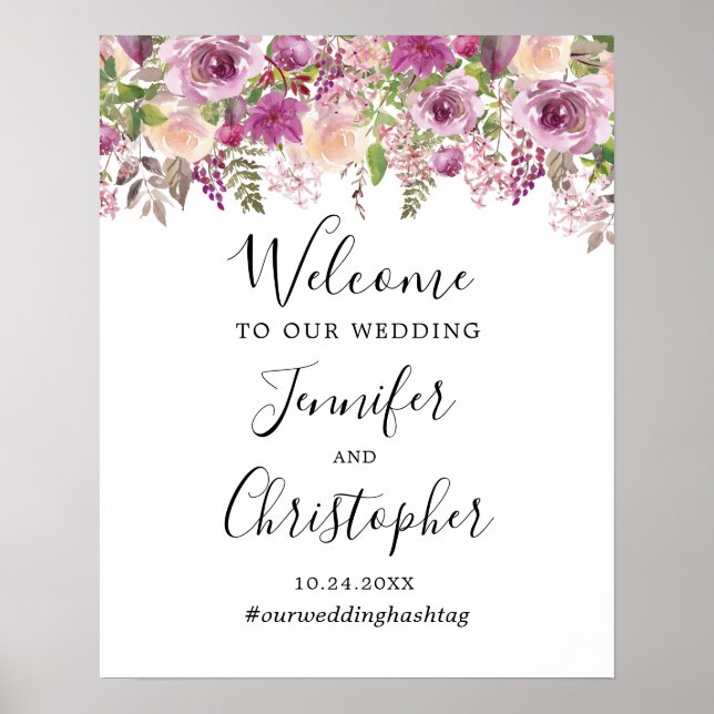 Póster Letrero de bienvenida de boda floral violeta púrpu (Frente)