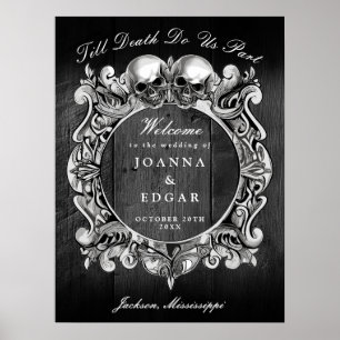 Póster Letrero de bienvenida de boda gótica de cráneos de