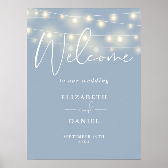 Póster Letrero de Bienvenida de Boda Luces de Cuerda Azul (Frente)