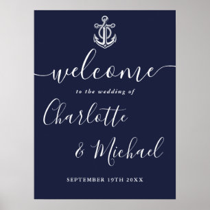 Póster Letrero de bienvenida de boda náutica con ancla az