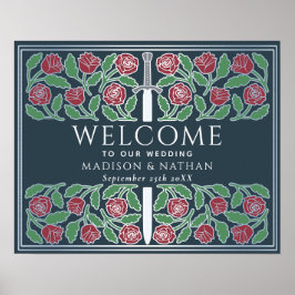 Póster Letrero de bienvenida de boda real floral plateado